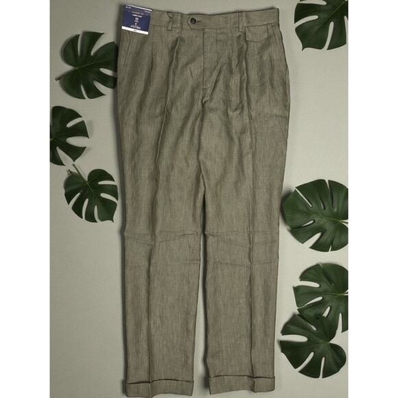 Stafford 34x32 Linen Pant Olive Texture Classic Fit Pleated Cuffs Trousers Pants - Picture 2 of 6